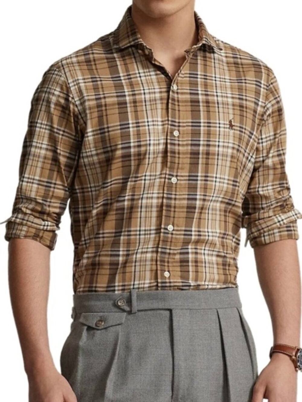 Polo Ralph Lauren Tan Brown Plaid Check Classic Fit Button Up Shirt XL